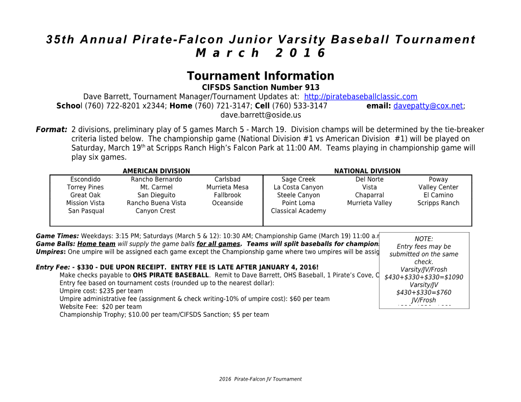 35Th Annual Pirate-Falcon Junior Varsity Baseball Tournament