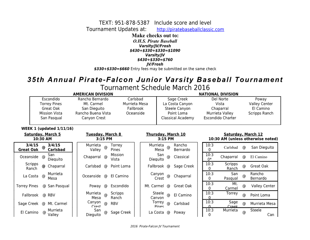 35Th Annual Pirate-Falcon Junior Varsity Baseball Tournament