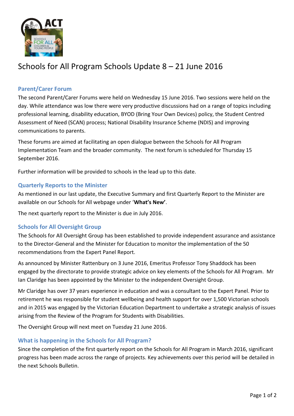 Schools for All Program Update 8