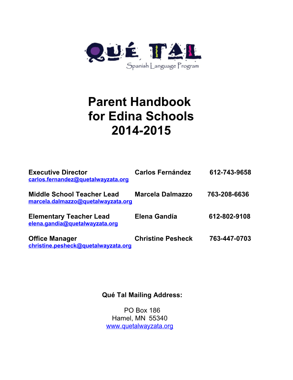 New Que Tal Parent Handbook - 2013-2014