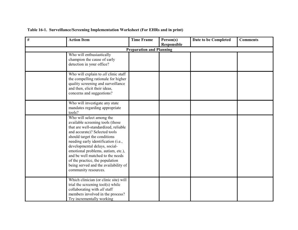 Table 16-1. Surveillance/Screening Implementation Worksheet (For Ehrs and in Print)