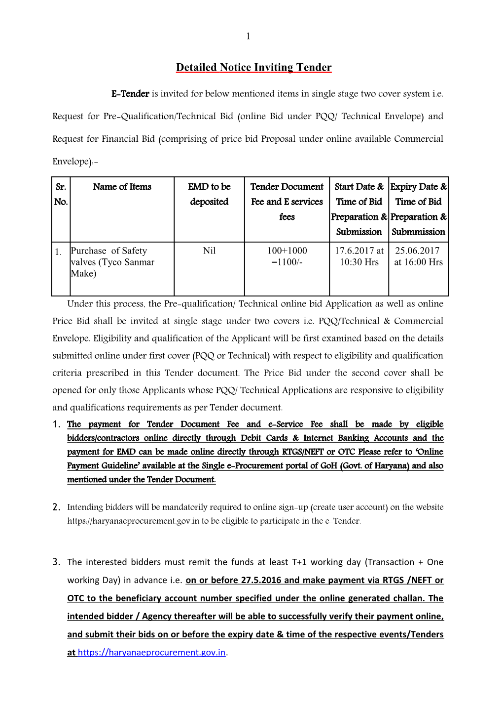 Detailed Notice Inviting Tender