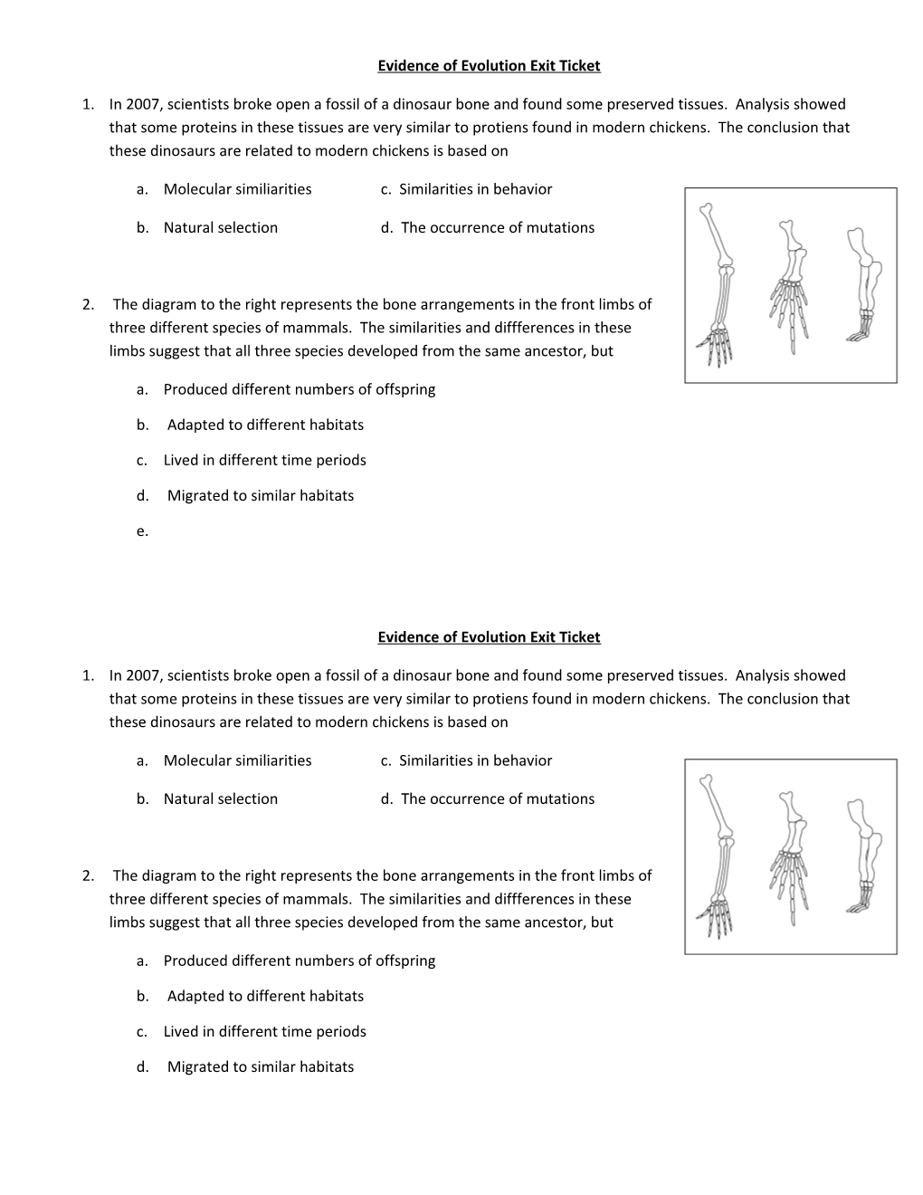 Evidence of Evolution Exit Ticket