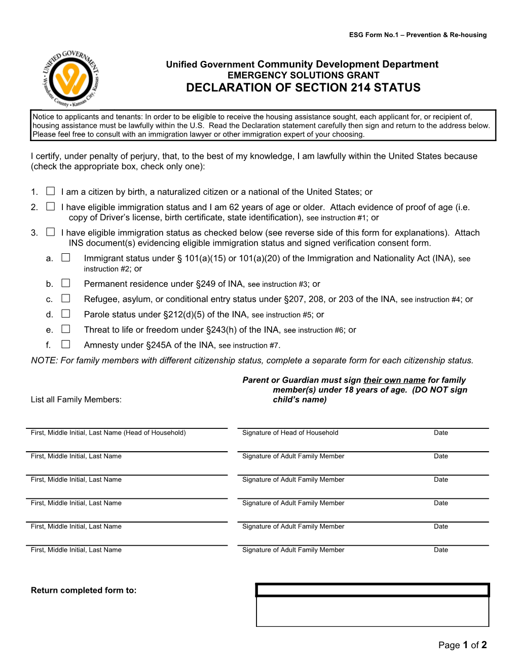 ESG Form No.1 Prevention & Re-Housing