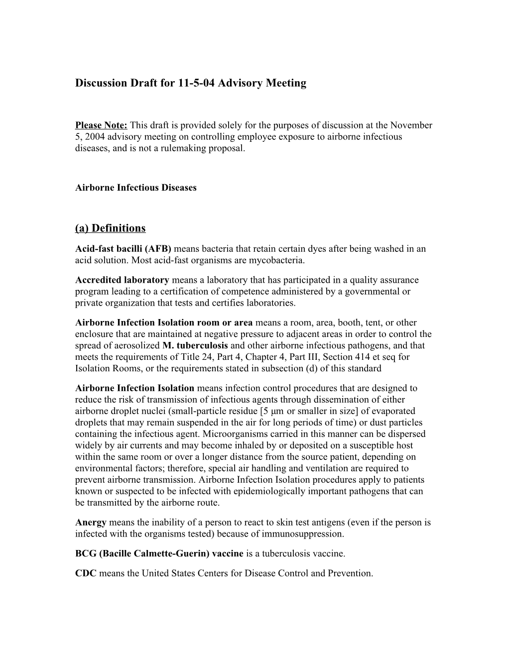 Draft TB/Airborne Infectious Disease Standard 7-14-04