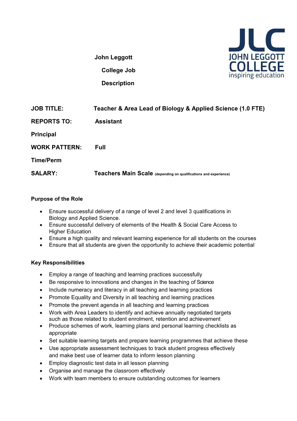 John Leggott College Job Description