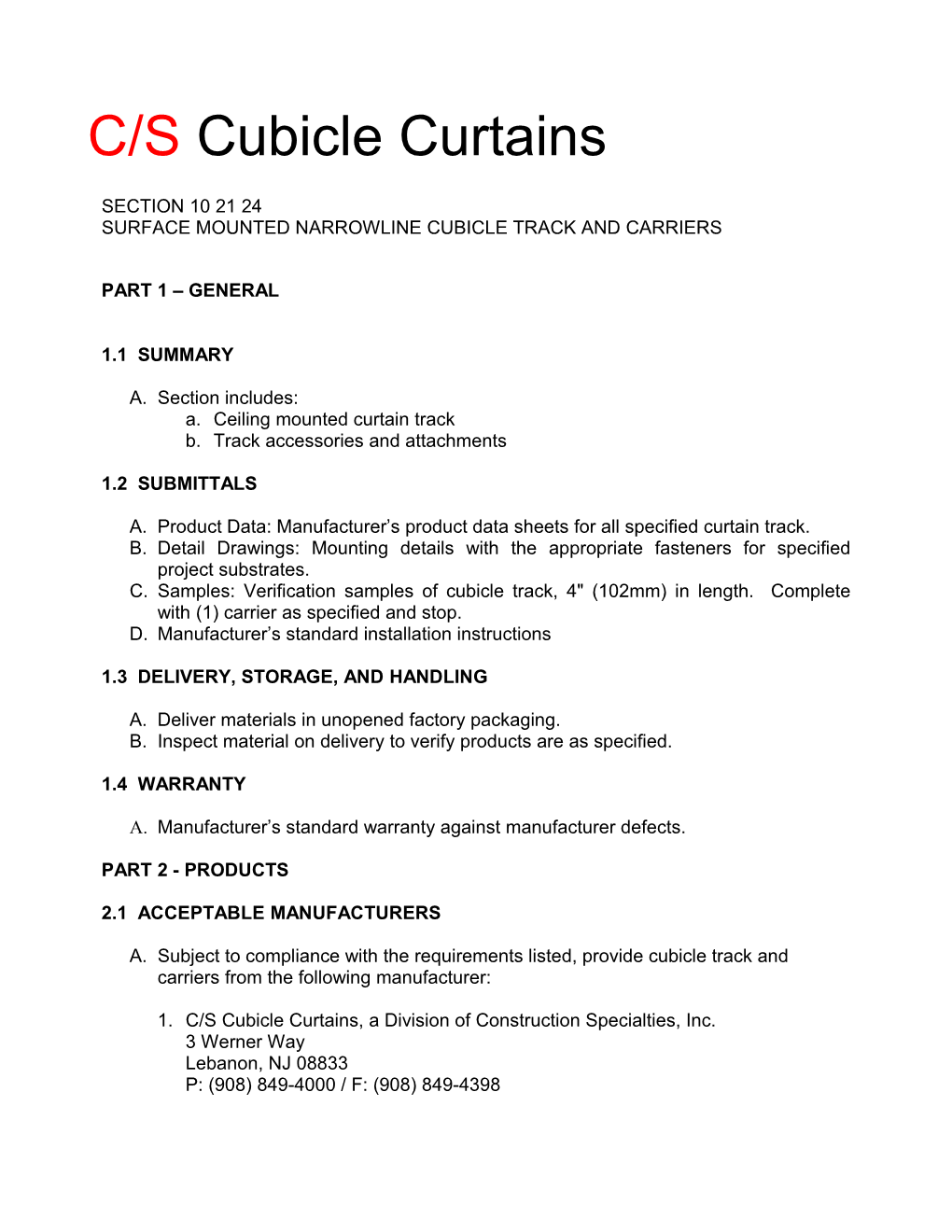 Specification for Surface Mounted Cubicle Track