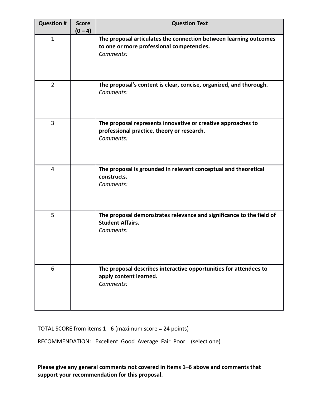 Program Proposal Reviewers Form Worksheet