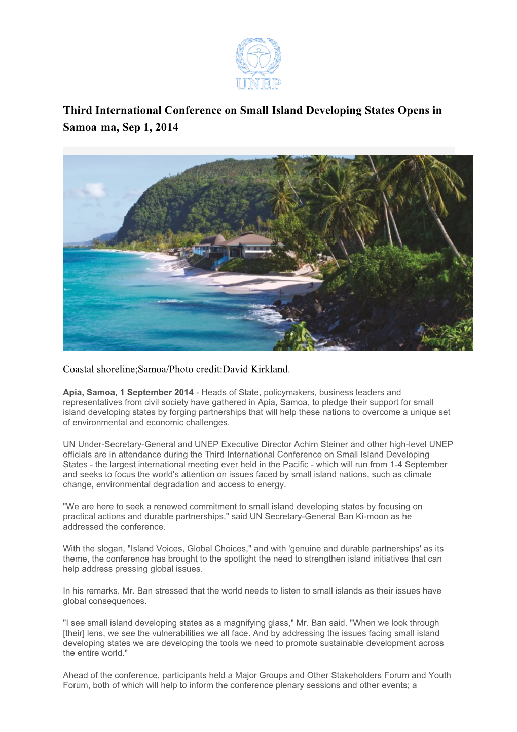 Third International Conference on Small Island Developing States Opens in Samoama, Sep 1, 2014