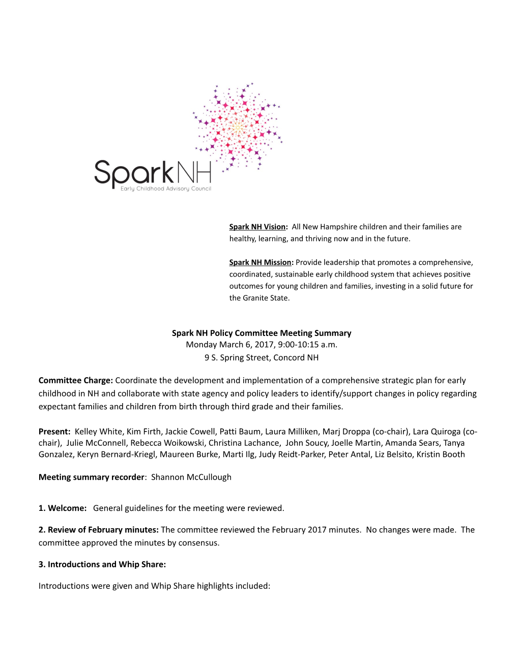 Spark NH Policy Committee Meeting Summary