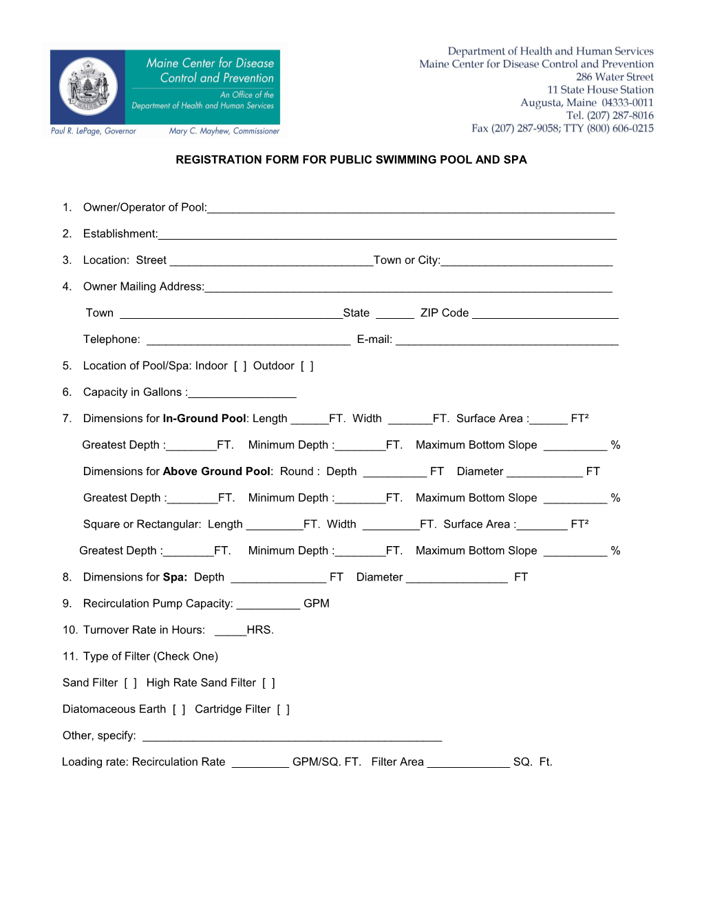 Registration Form for Public Swimming Pool and Spa