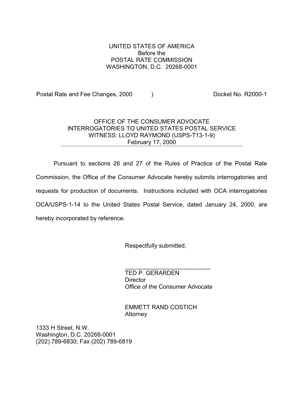 Postal Rate and Fee Changes, 2000 ) Docket No. R2000-1 s1