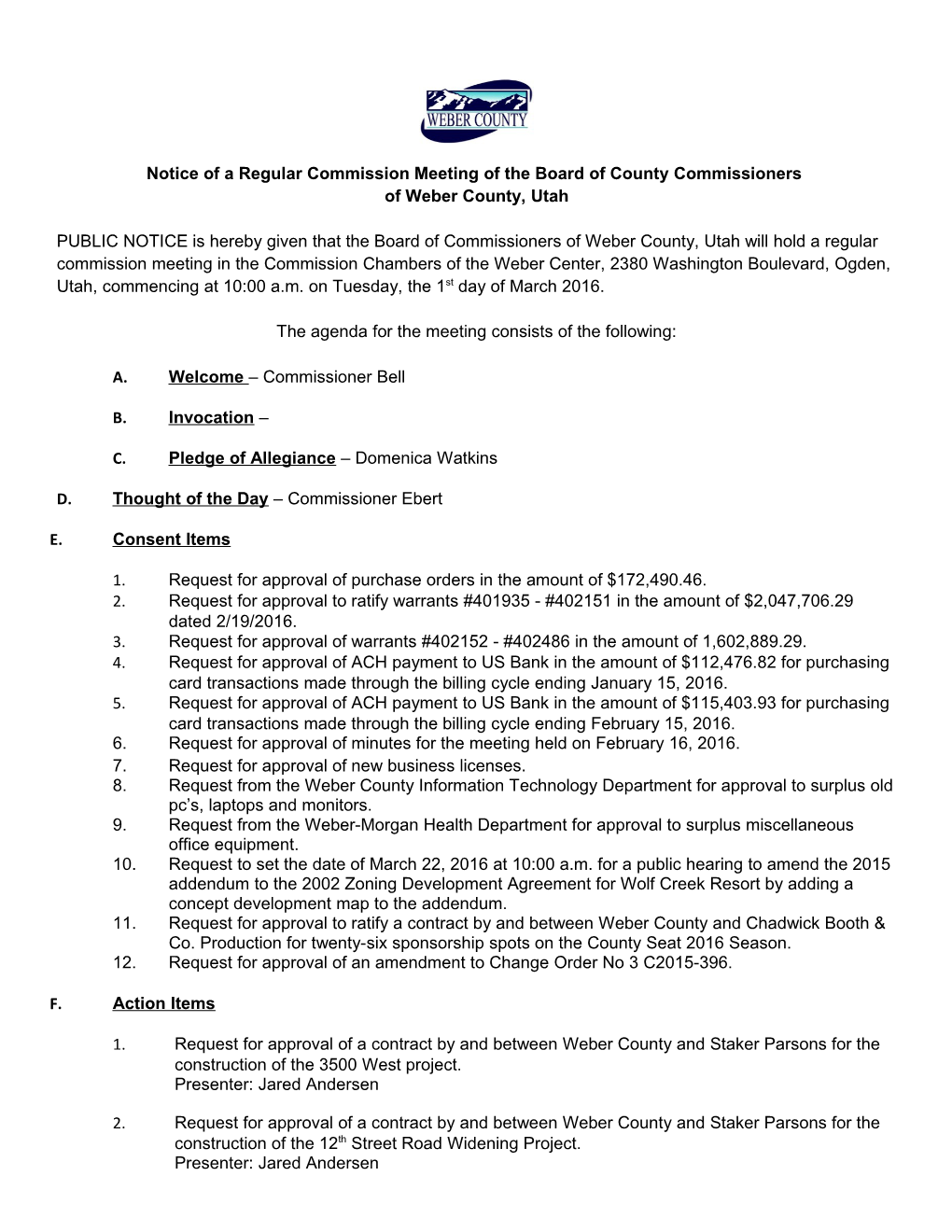 Notice of a Regular Commission Meeting of the Board of County Commissioners