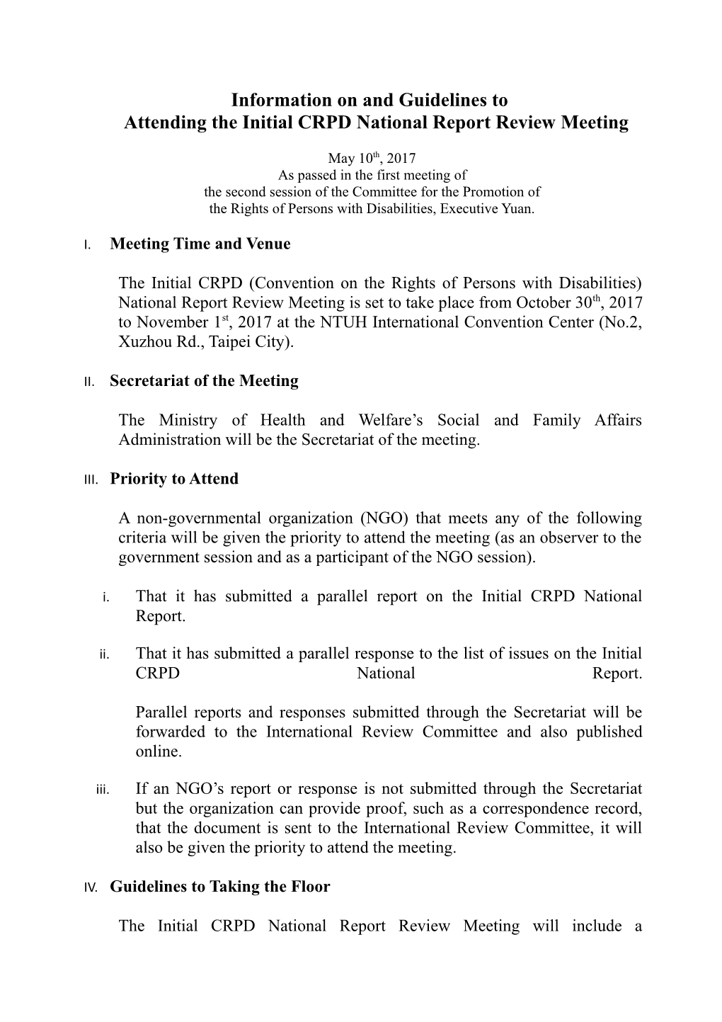 Information on and Guidelines to Attending the Initial CRPD National Report Review Meeting