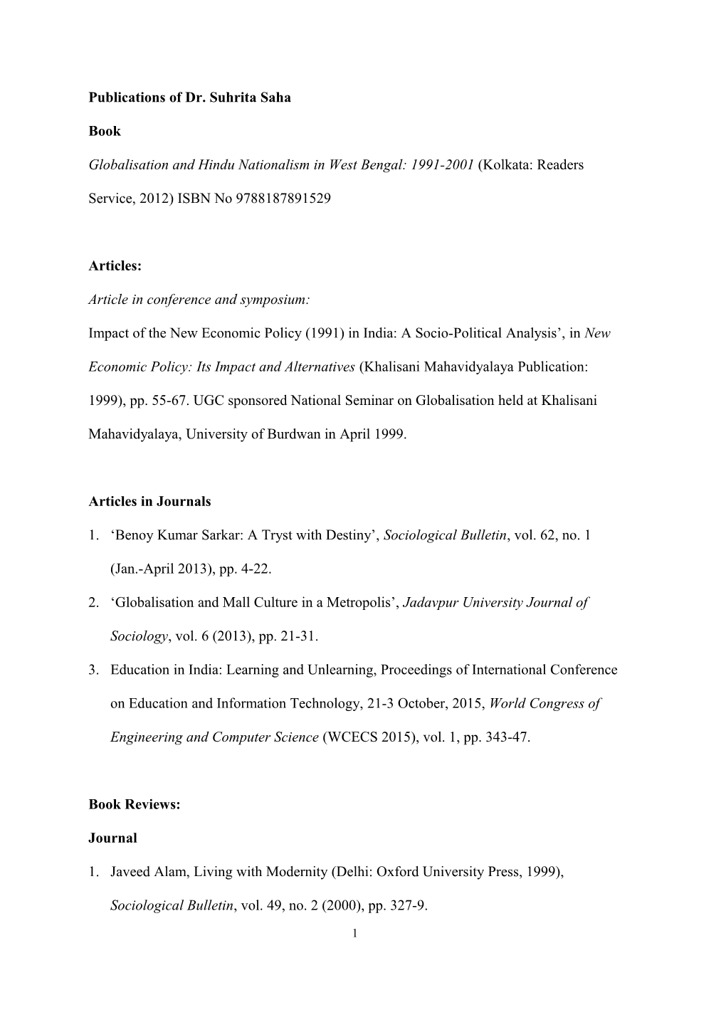 Publications of Dr. Suhrita Saha