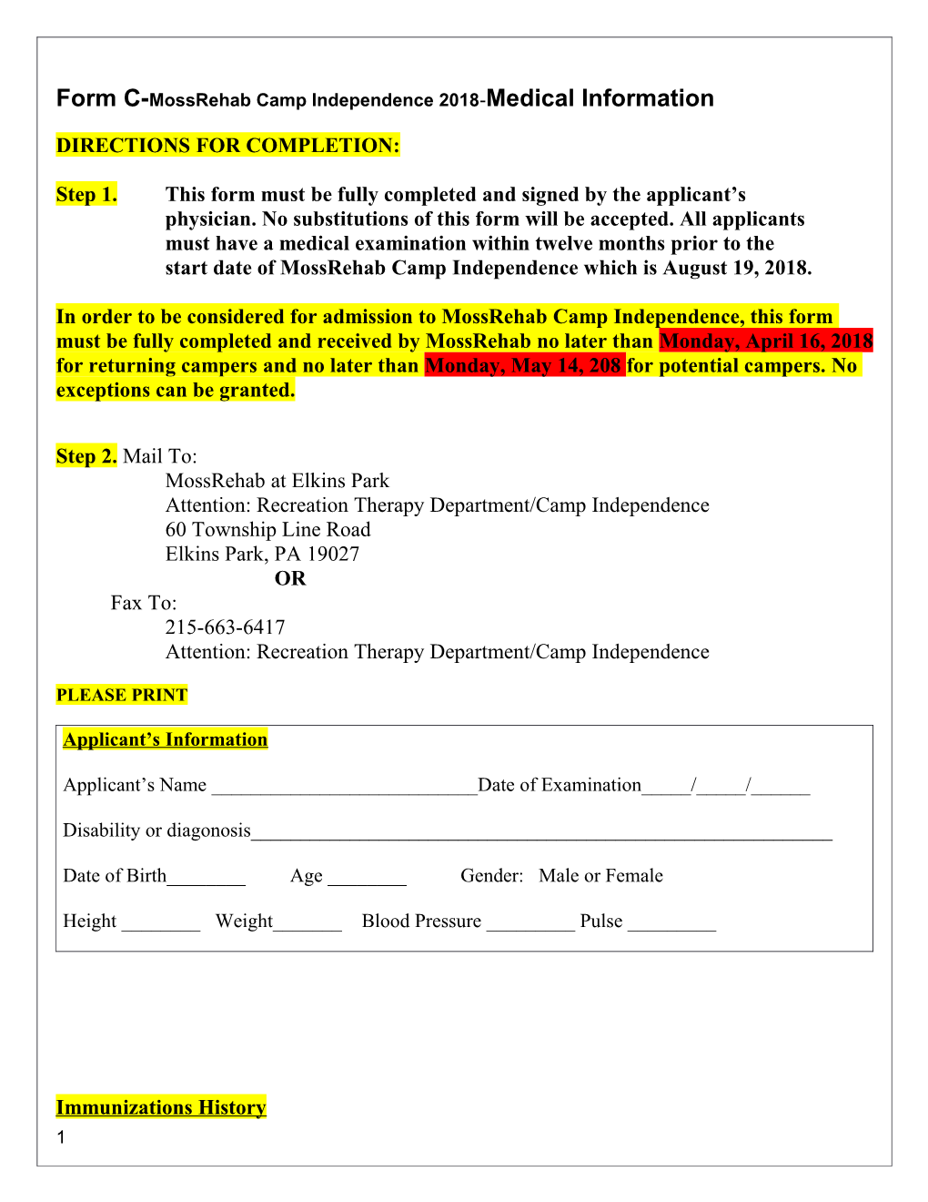 Form C-Mossrehab Camp Independence 2018-Medical Information