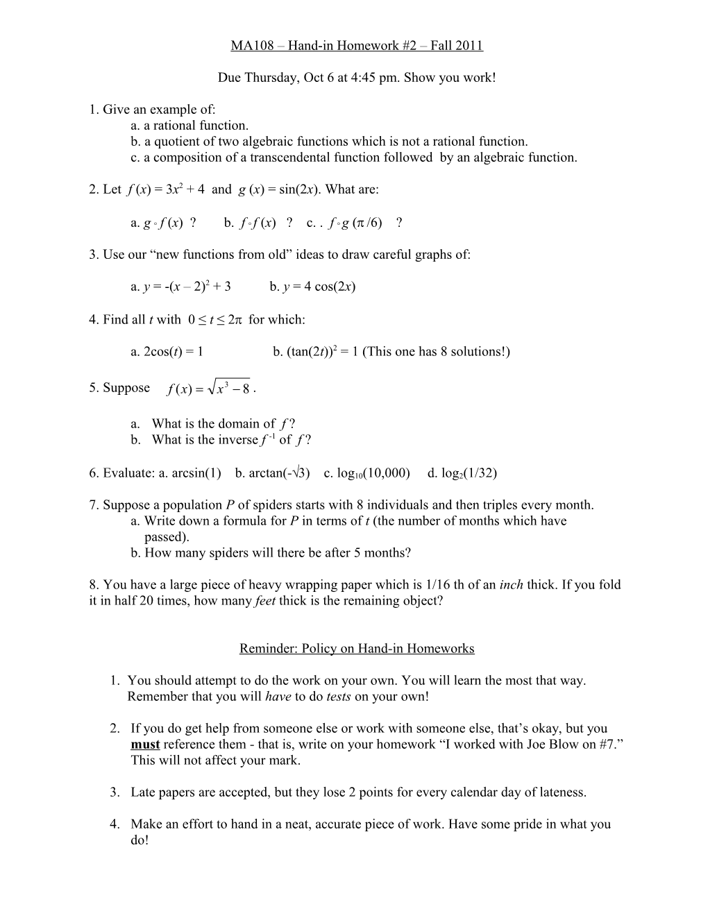 MA108 Hand-In Homework #2 Fall 2010