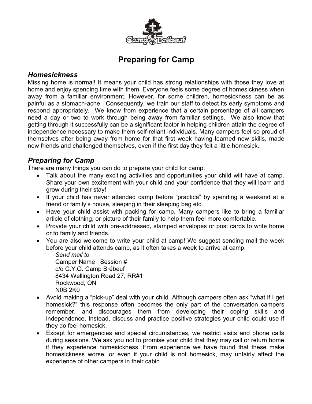 Camp Brebeuf 2004 - Important Information