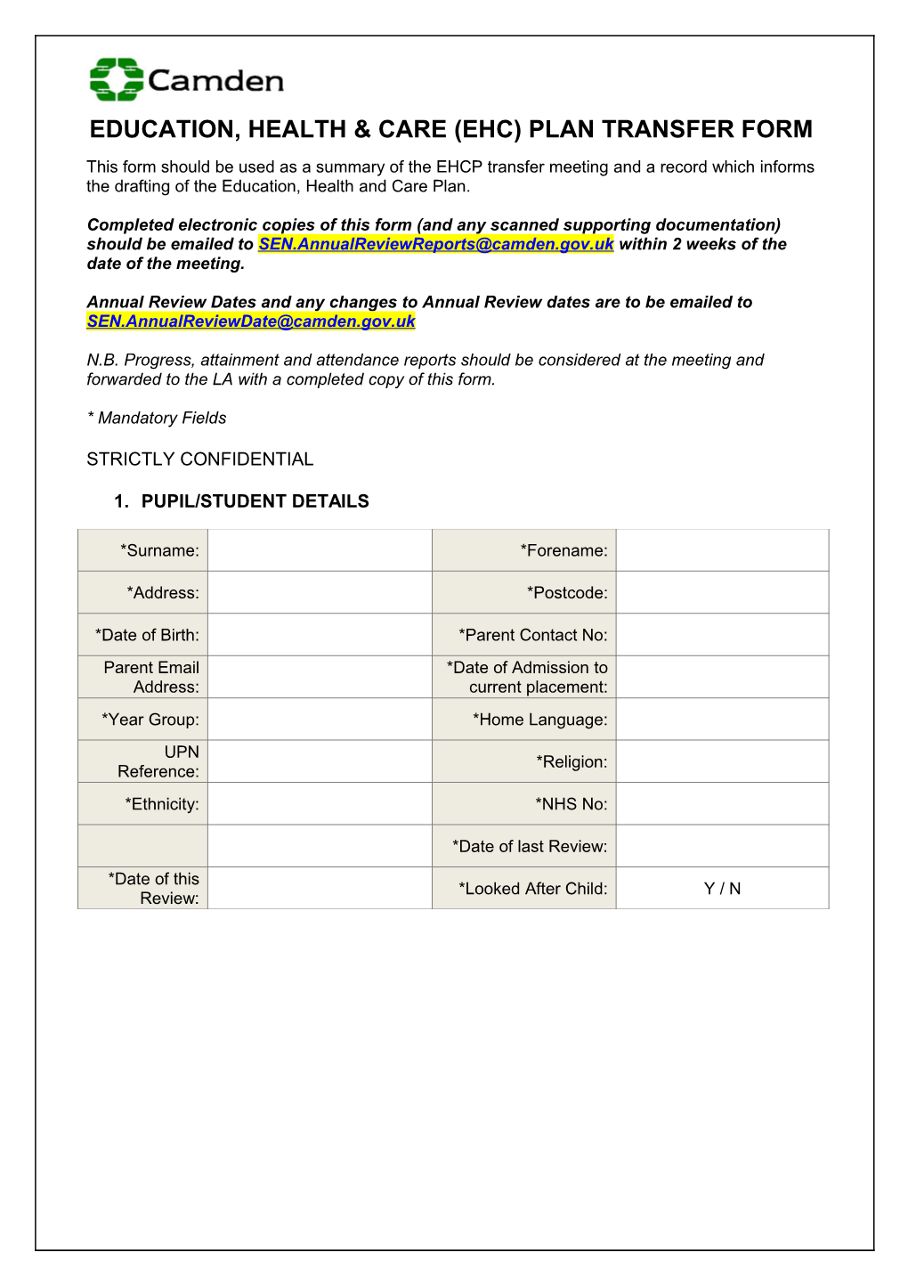 Education, Health & Care (Ehc) Plan Transfer Form