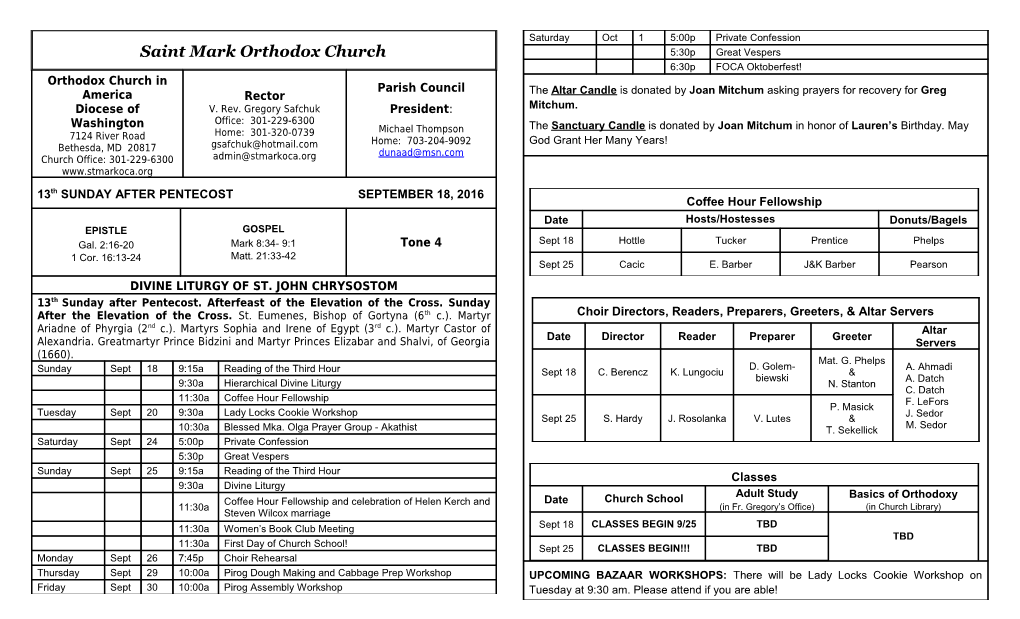 13Th SUNDAY AFTER PENTECOST SEPTEMBER 18, 2016