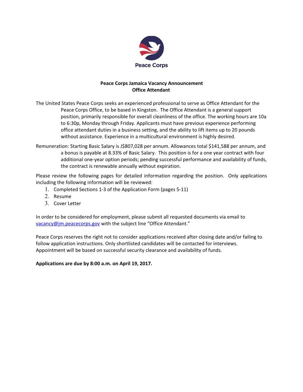 Peace Corps Jamaica Vacancy Announcement