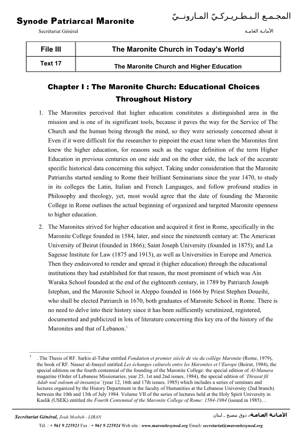 Chapter I : the Maronite Church: Educational Choices Throughout History