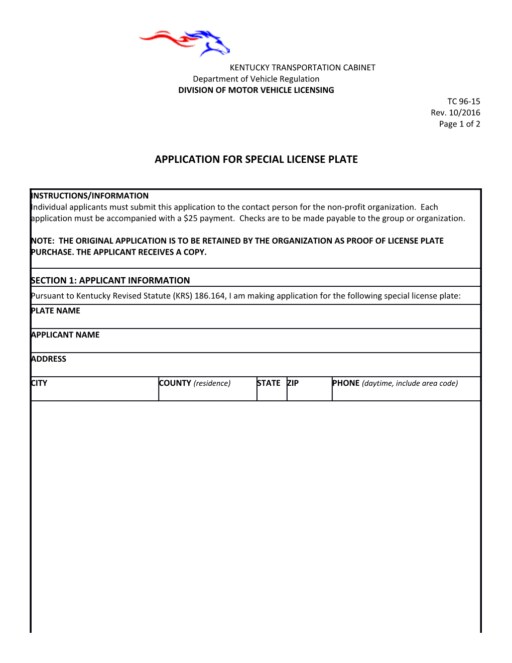 Application for Special License Plate