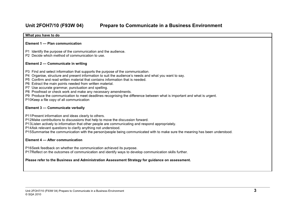 Unit 2FOH7/10 (F93W 04) Prepare to Communicate in a Business Environment
