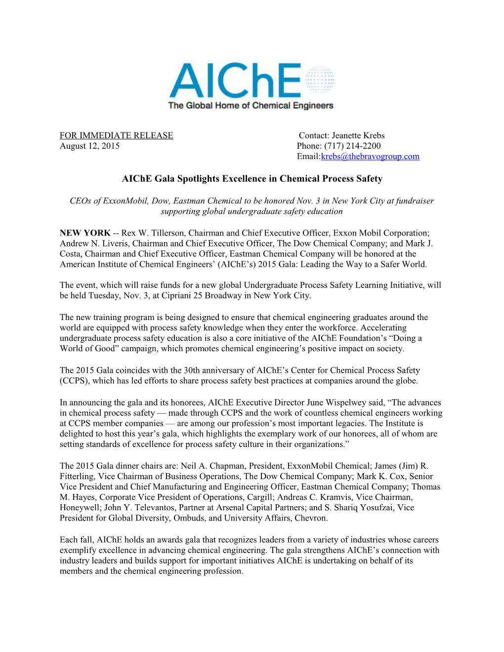 Aiche Gala Spotlights Excellence in Chemical Process Safety