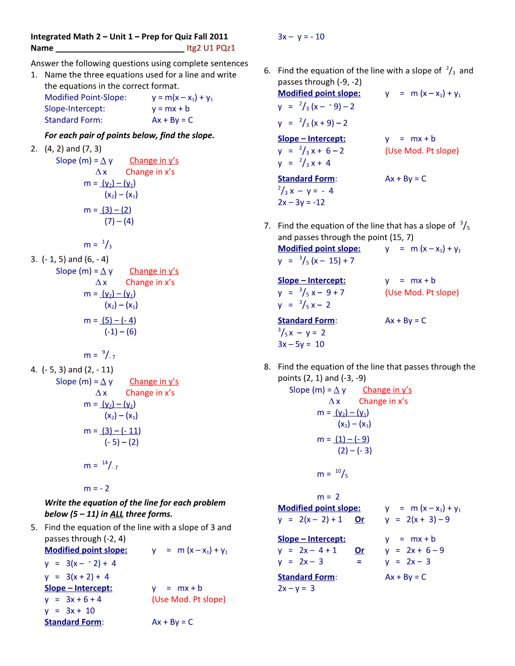 Integrated Math 2 Unit 1 - Quiz