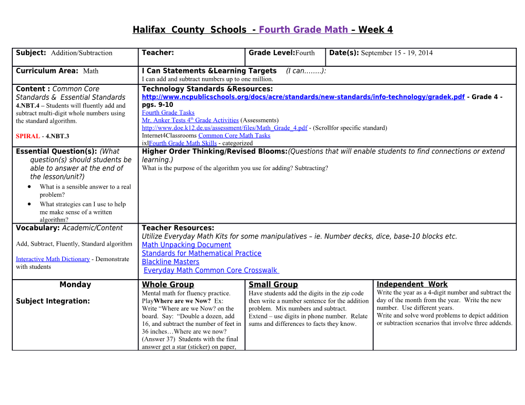 Halifax County Schools - Fourth Grade Math Week 4