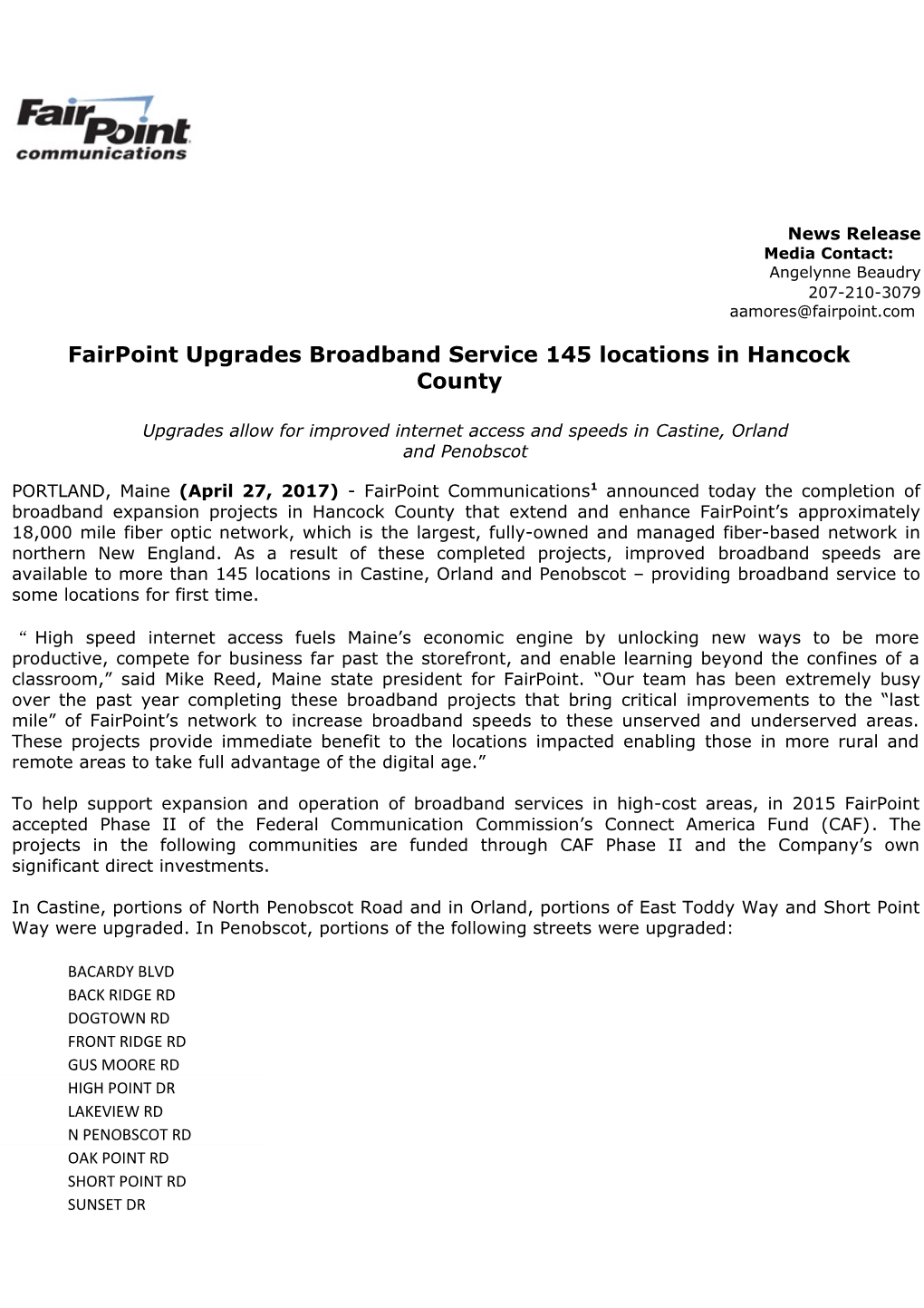 Fairpoint Upgrades Broadband Service 145 Locations in Hancock County