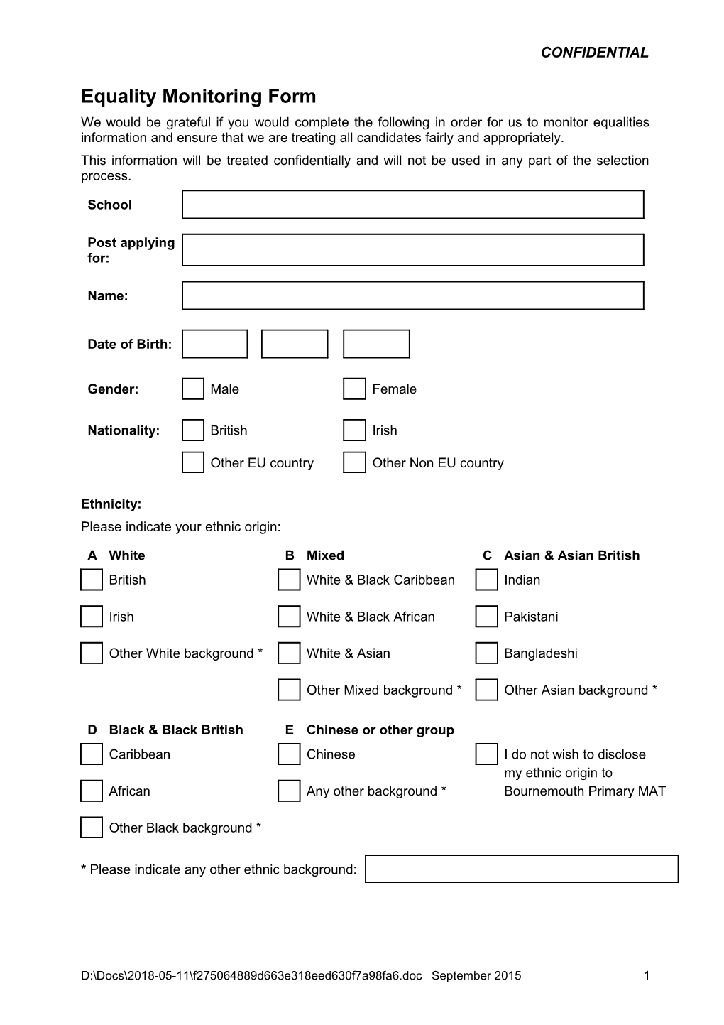 Equalities Monitoring Form