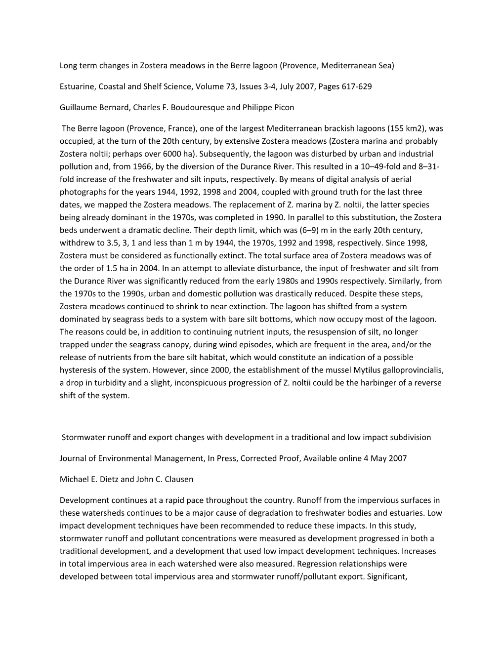 Long Term Changes in Zostera Meadows in the Berre Lagoon (Provence, Mediterranean Sea)