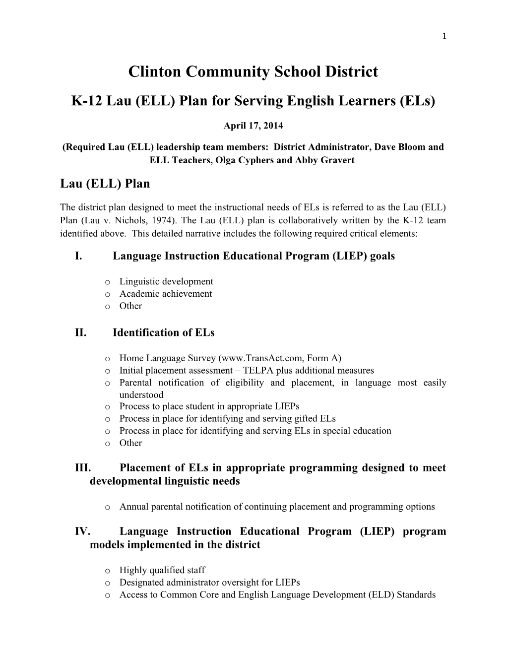 K-12 Lau (ELL) Plan for Serving English Learners (Els)