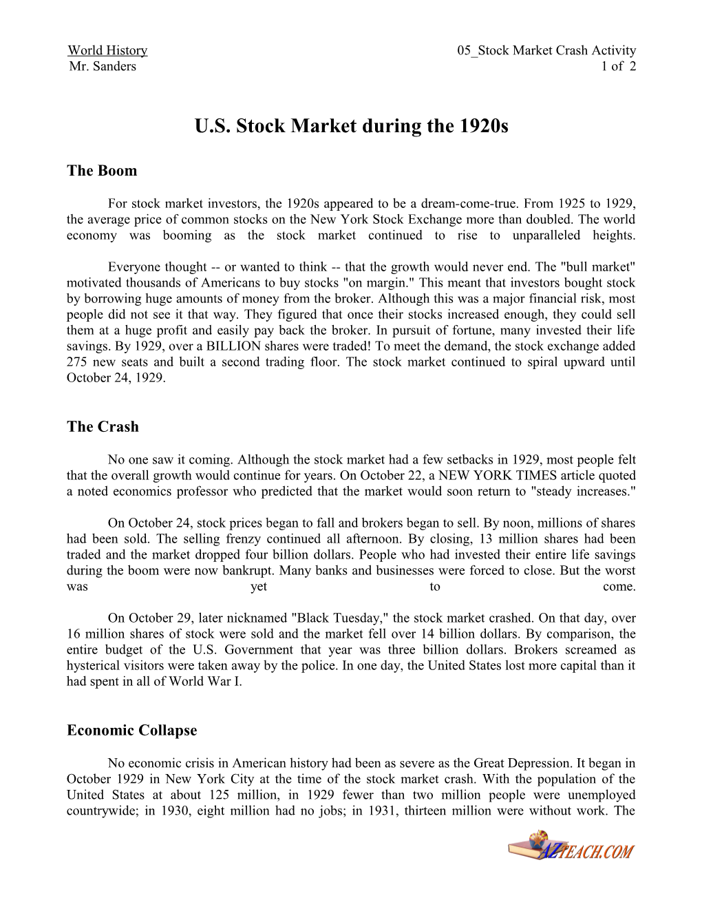 World History 05 Stock Market Crash Activity
