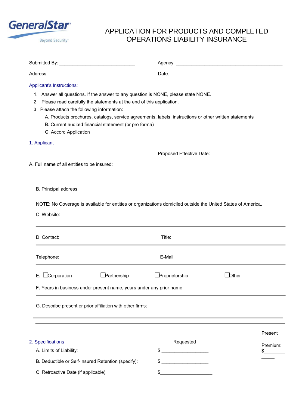 Application for Products and Completed Operations Liability Insurance