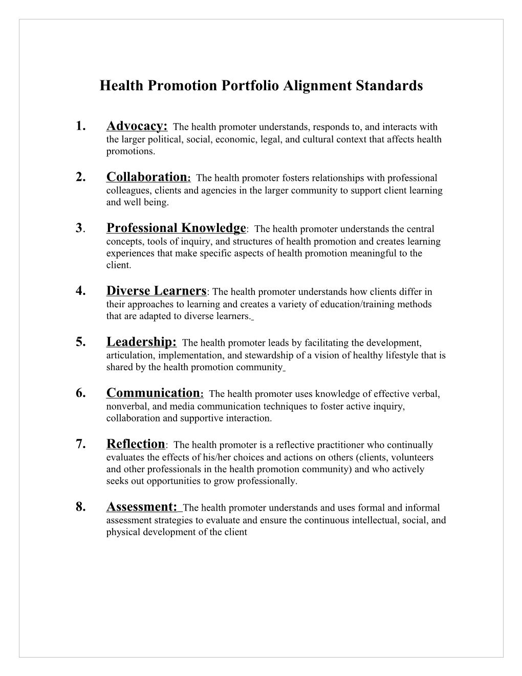 Health Promotion Portfolio Alignment Standards