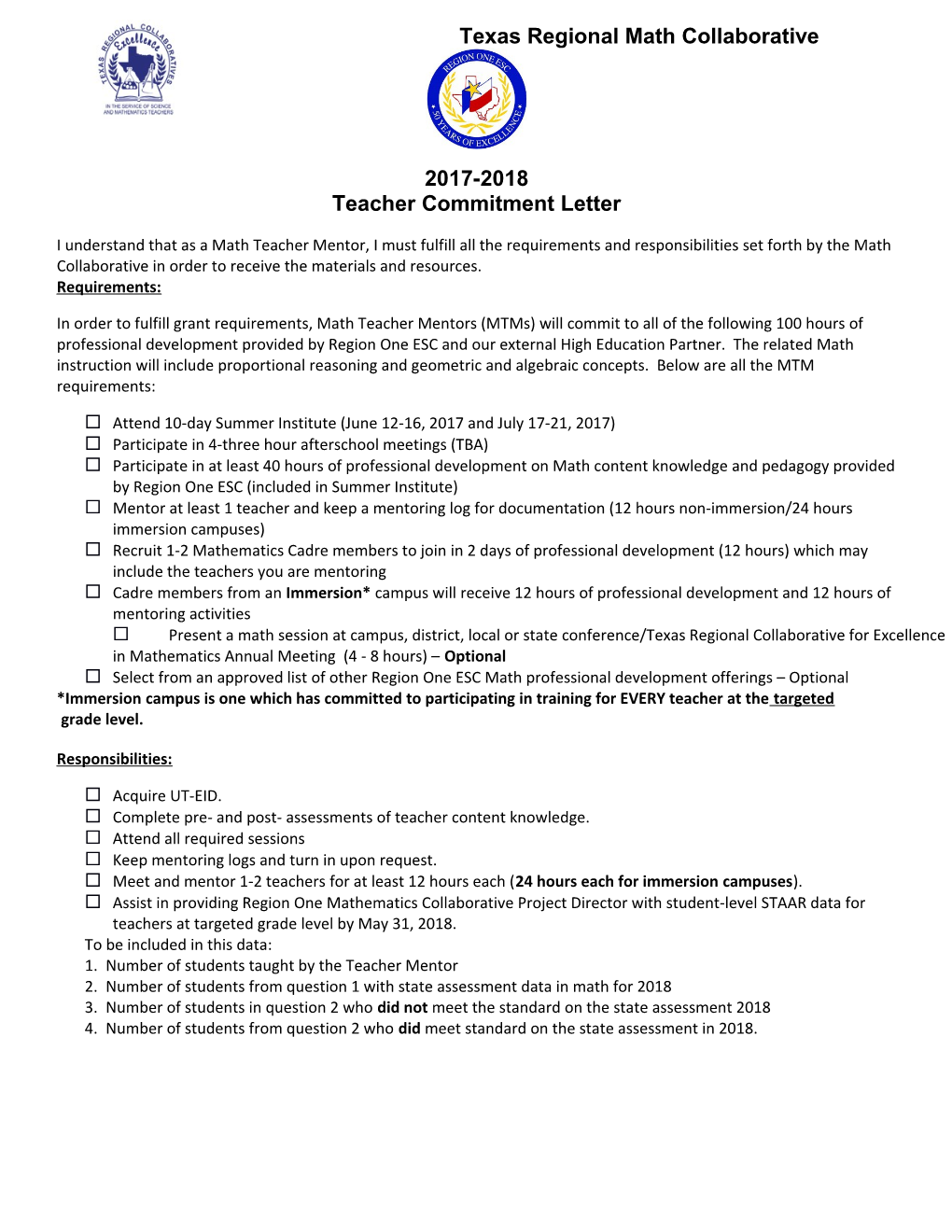 Teacher Commitment Letter