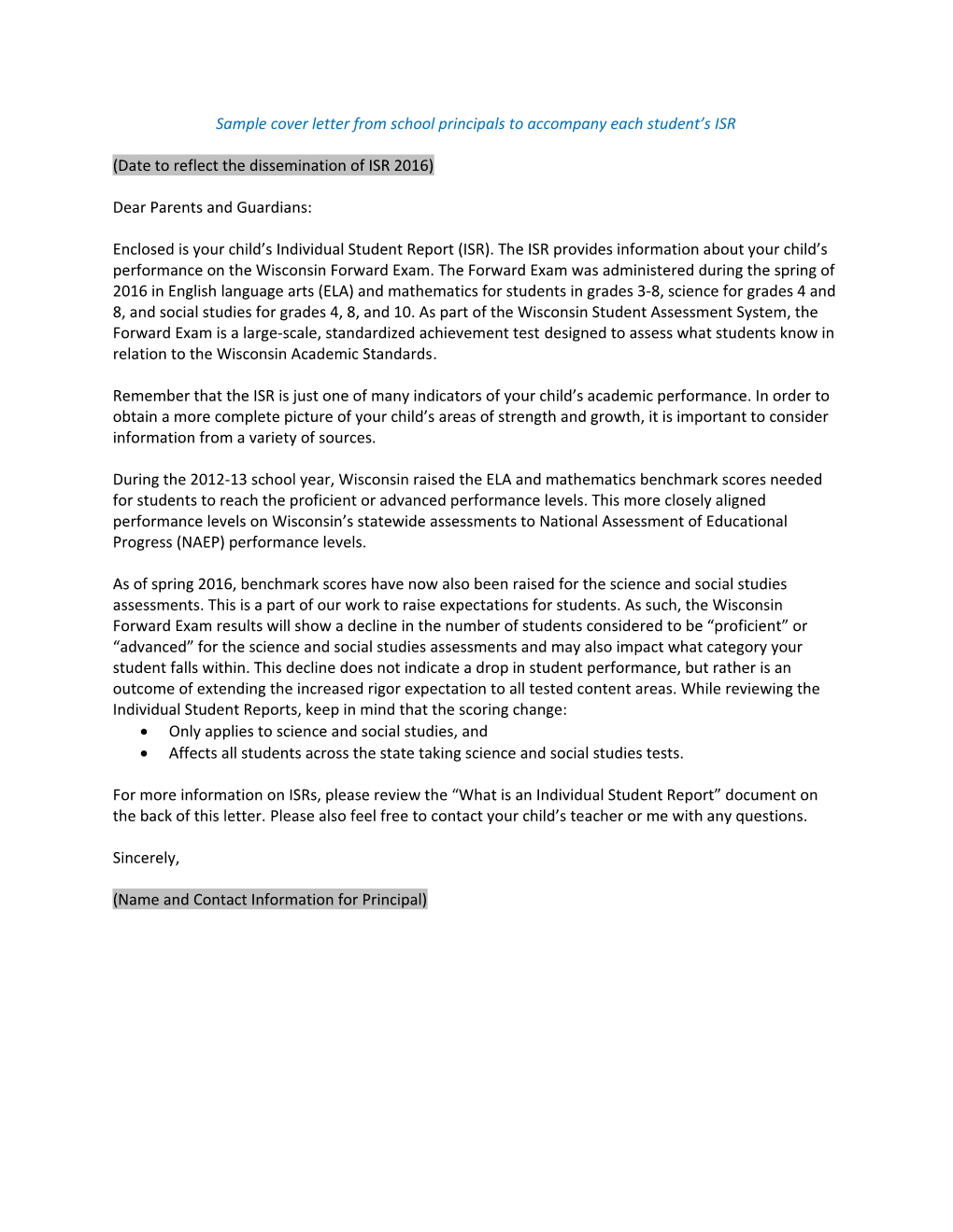 Sample Cover Letter from School Principals to Accompany Each Student S ISR