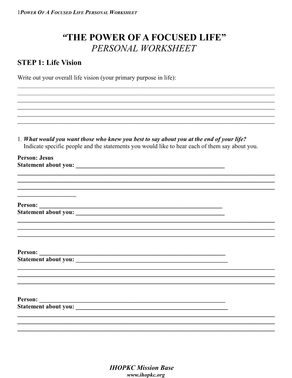 Power of a Focused Life Personal Worksheet