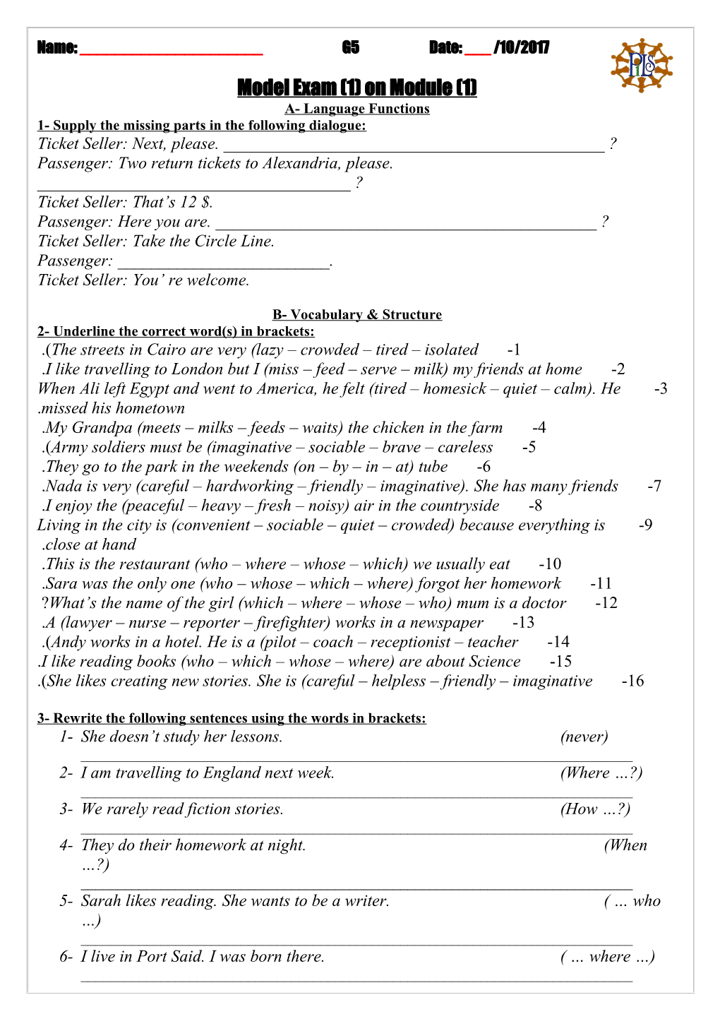 Model Exam (1) on Module (1)