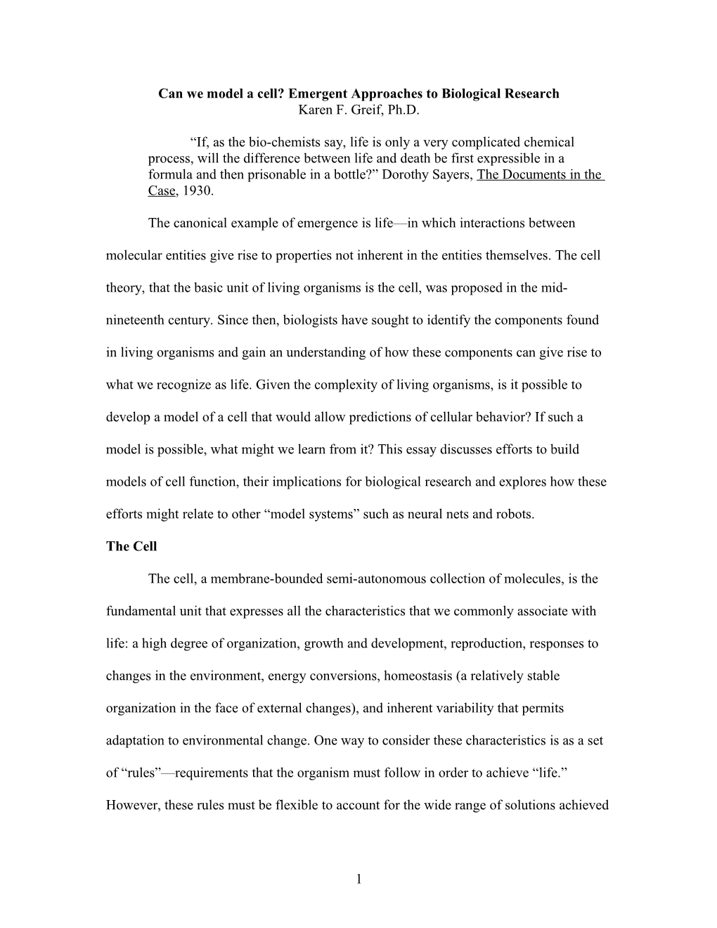 Emergence Chapter: Can We Model a Cell