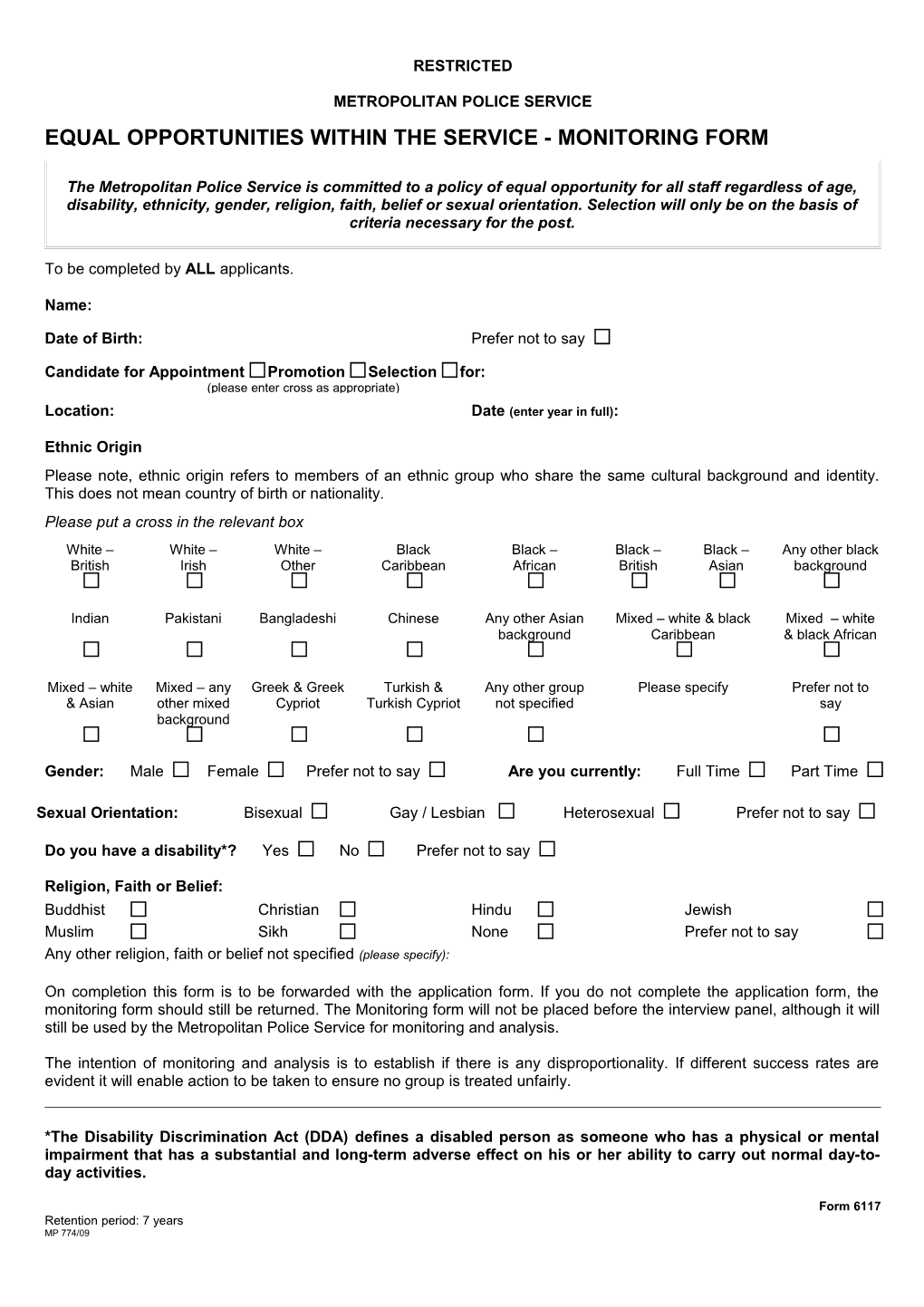 Form 6117 - Equal Opportunities Within the Service - Monitoring Form