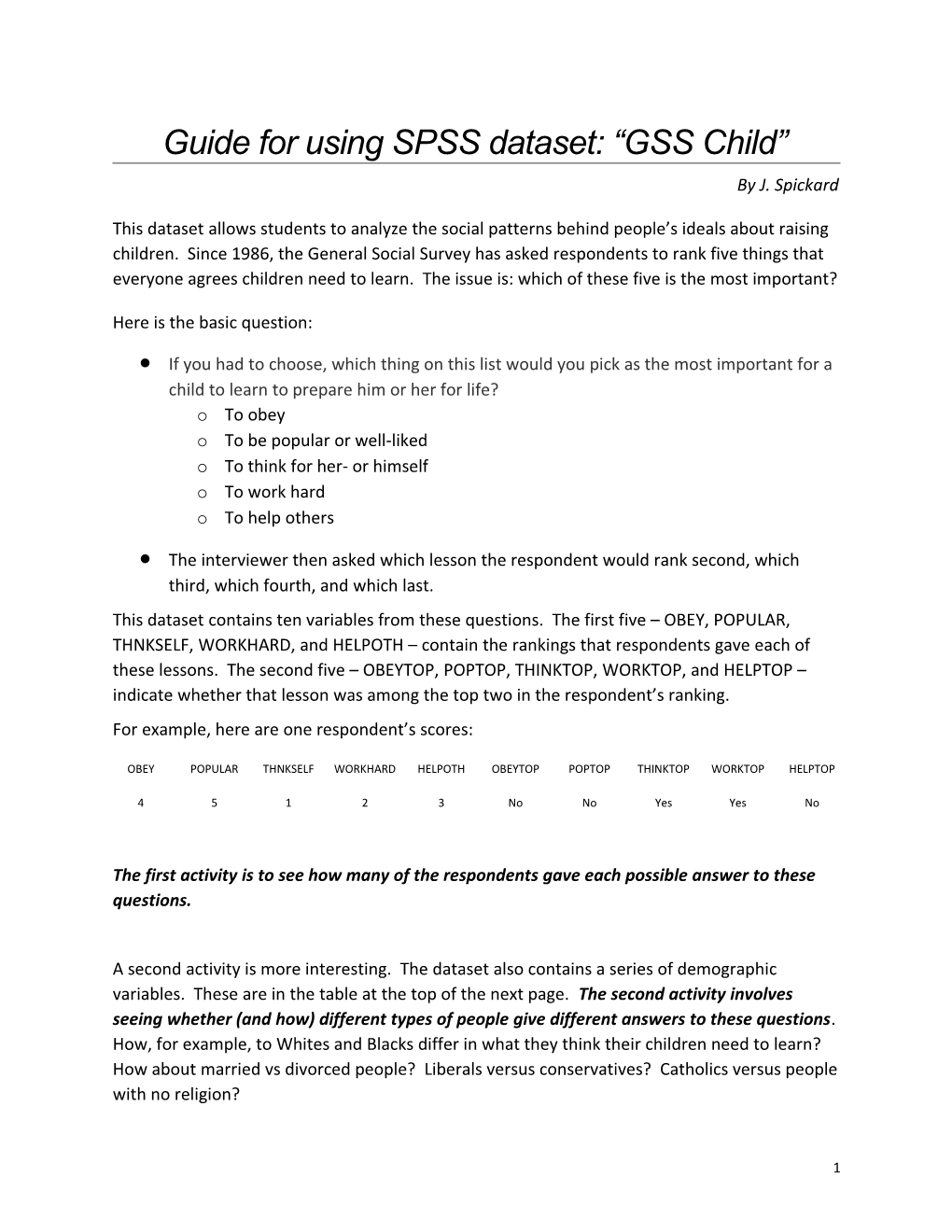 Guide for Using SPSS Dataset GSS Child