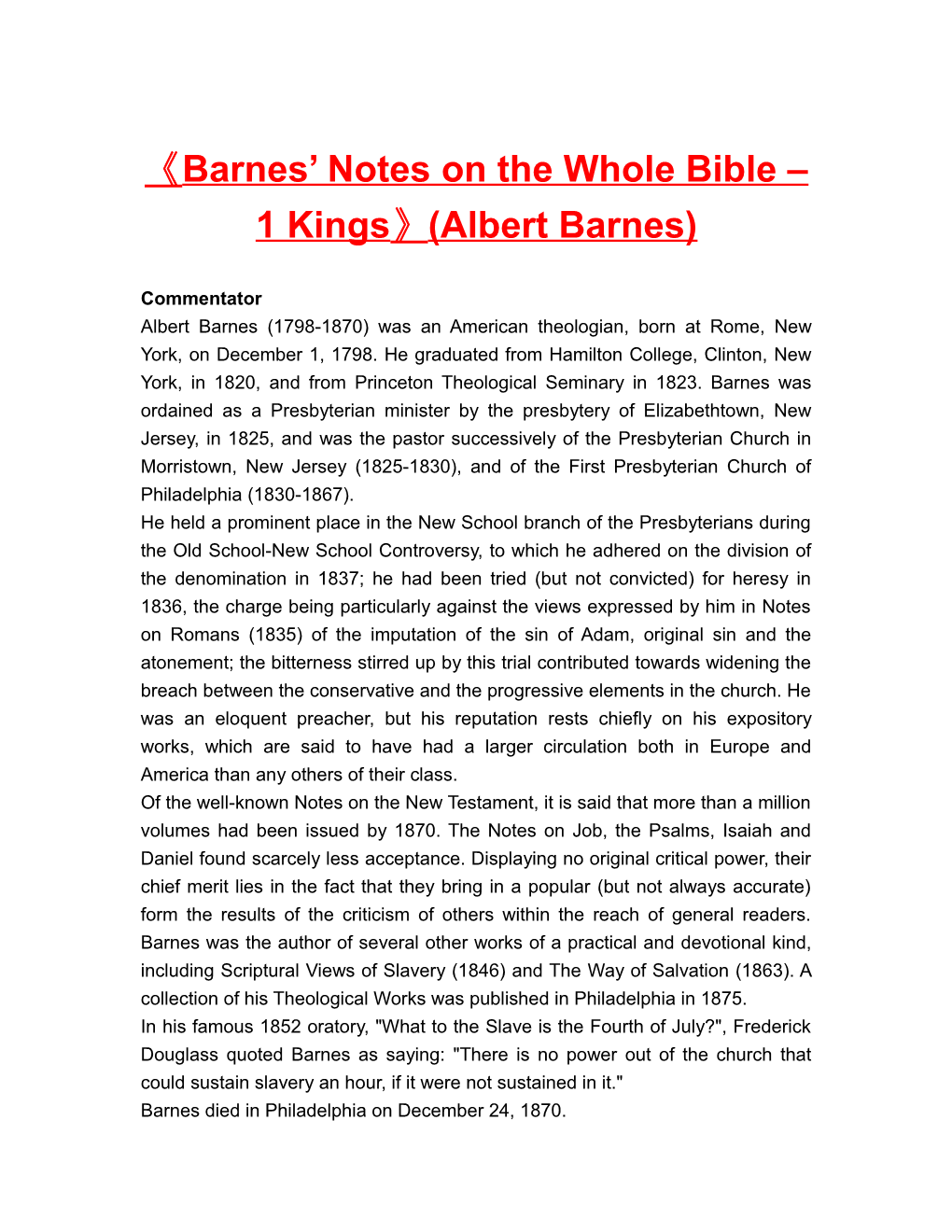 Barnes Notes on the Whole Bible 1 Kings (Albert Barnes)