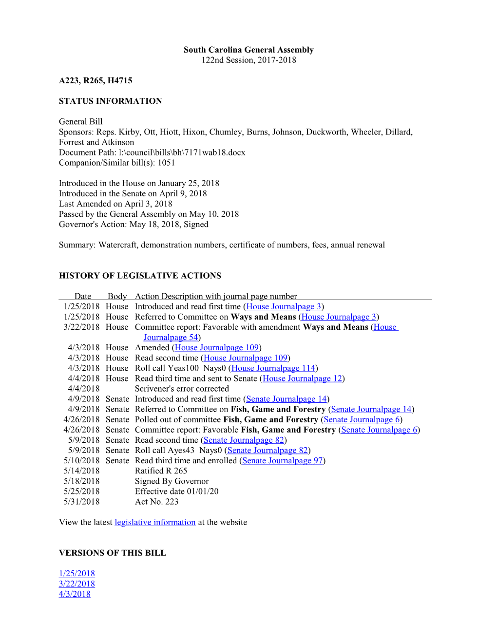 2017-2018 Bill 4715: Watercraft, Demonstration Numbers, Certificate of Numbers, Fees, Annual