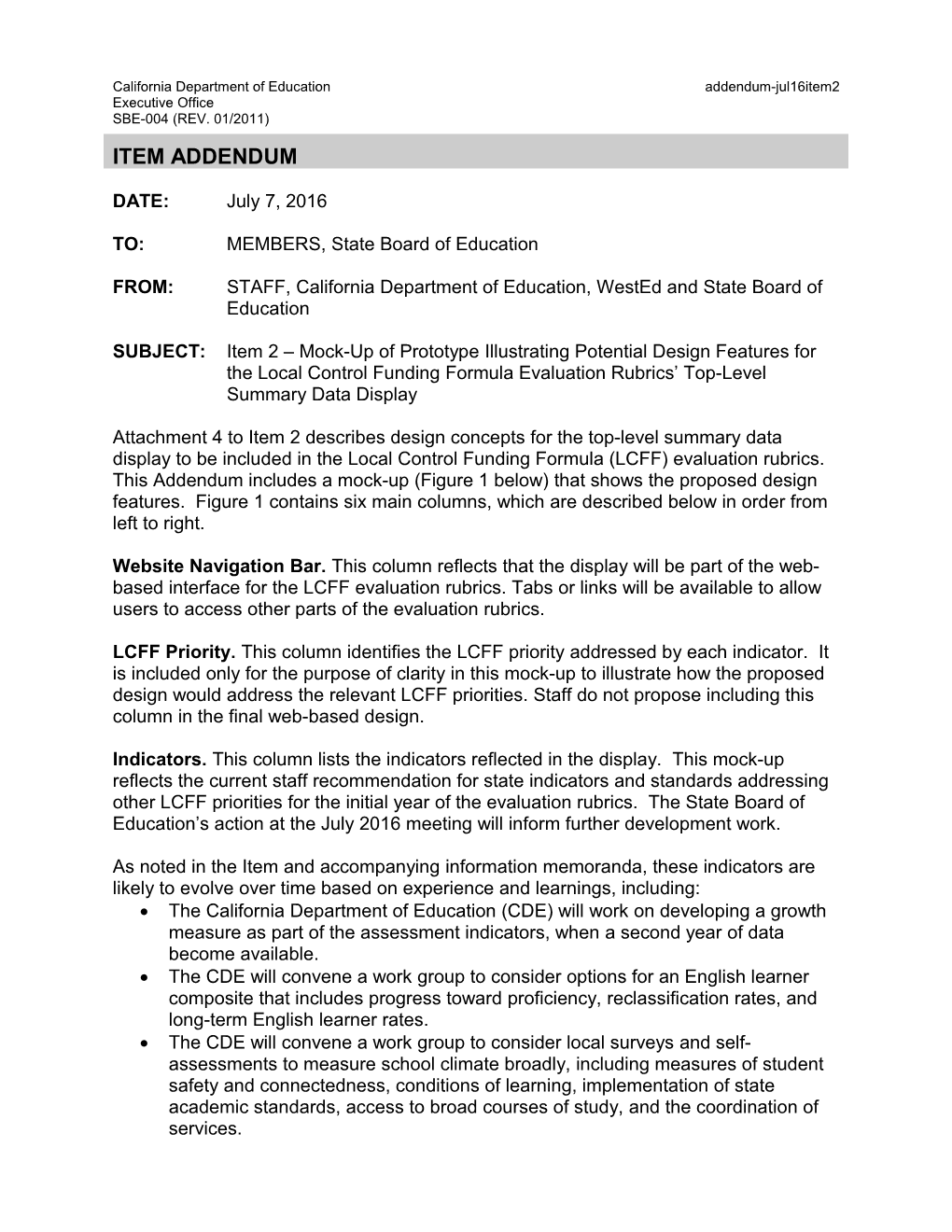 July 2016 Agenda Item 02 Addendum - Meeting Agendas (CA State Board of Education)