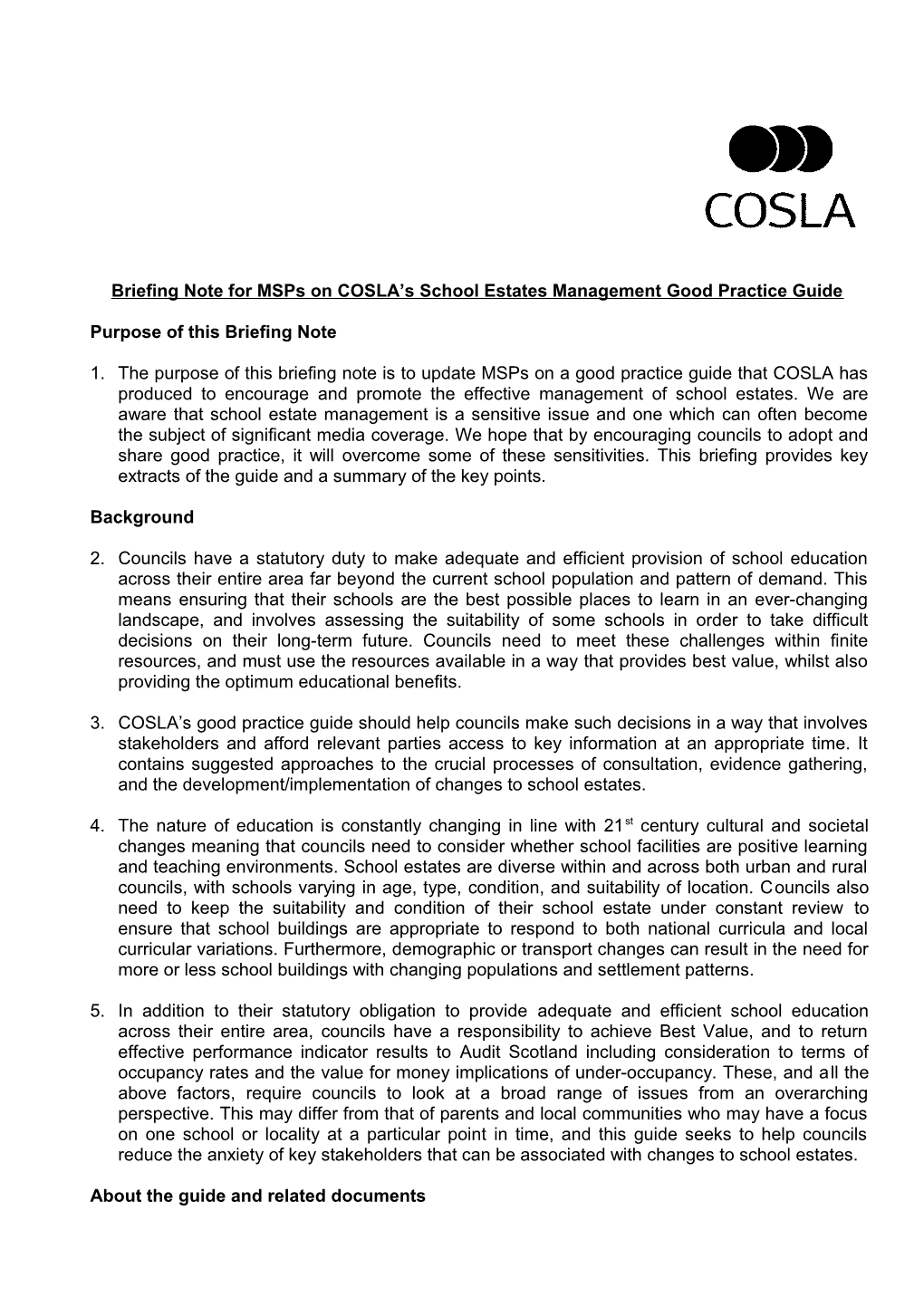 Briefing Note for Msps on COSLA S School Estates Management Good Practice Guide