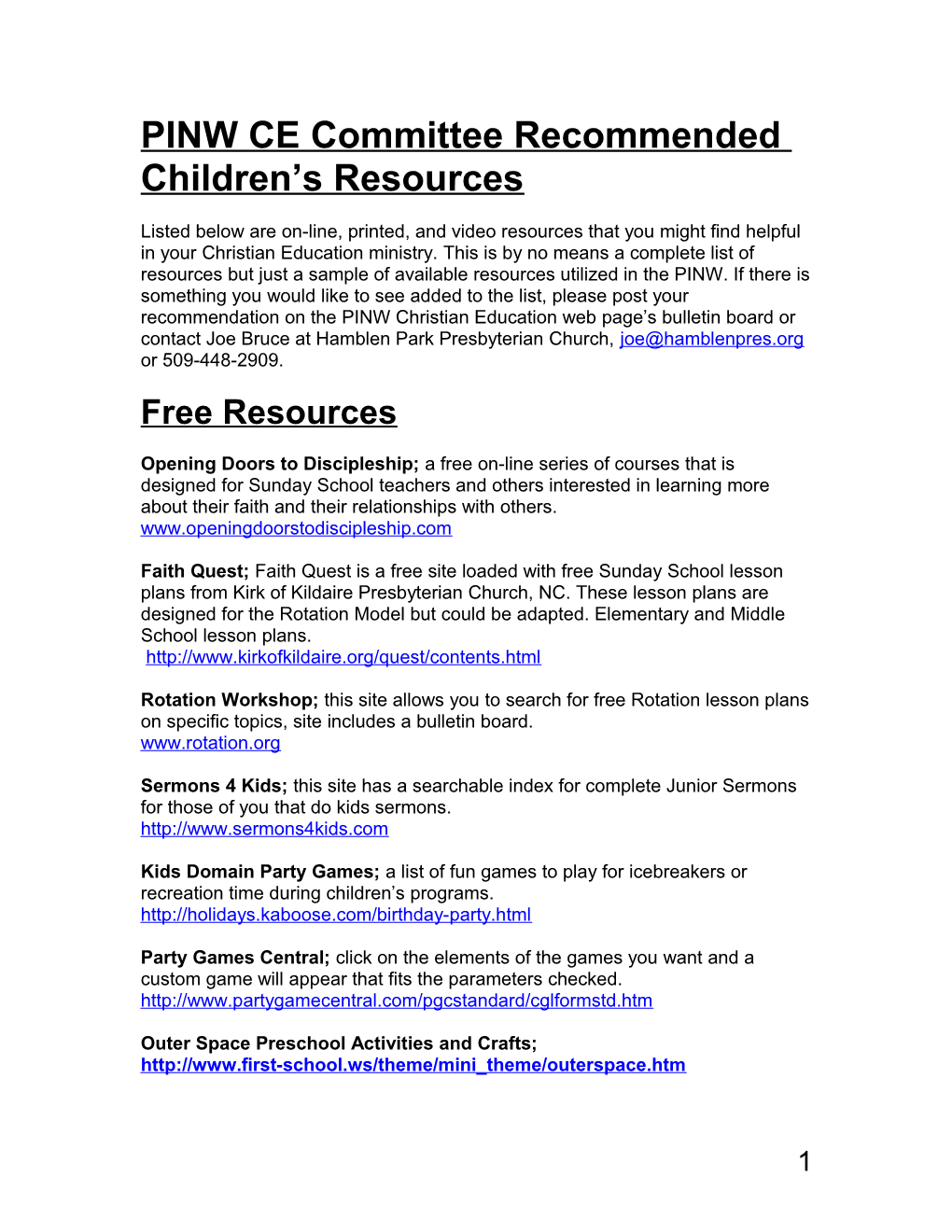 PINW CE Committee Recommended Children S Resources